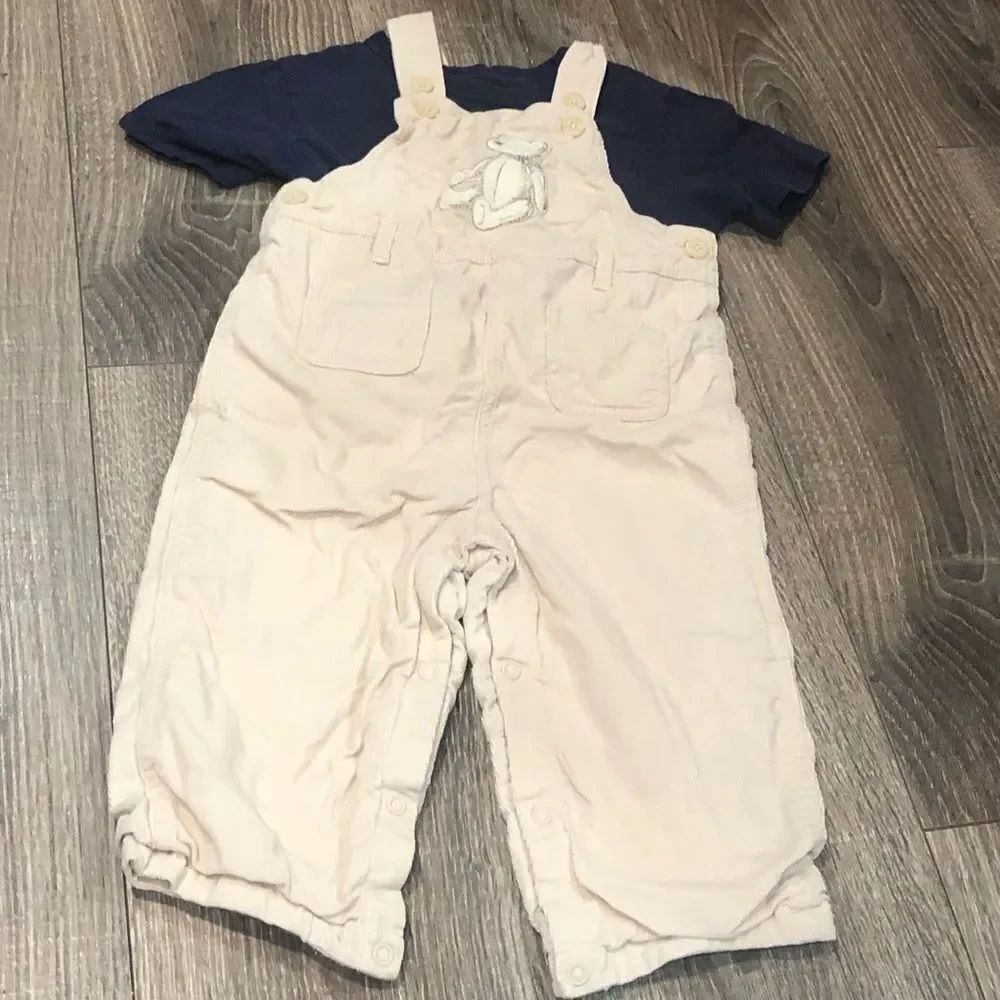Kids Outfit Set Size 2-3 yrs Cream Overalls with Navy Shirt 2 pcs